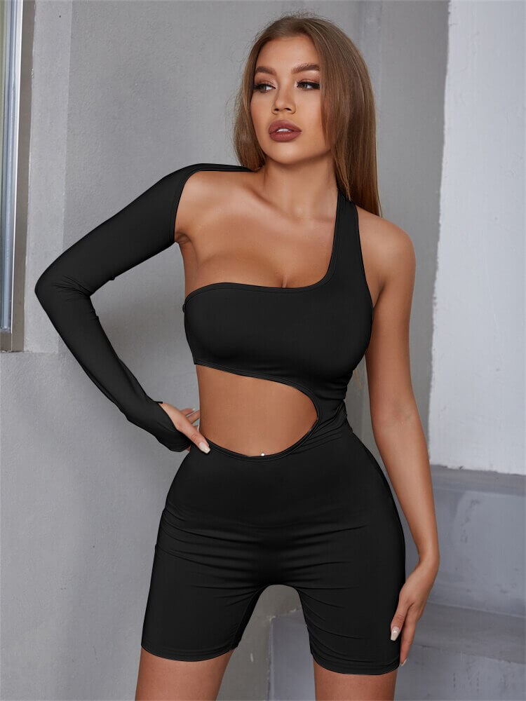 Women's black asymmetrical sports romper with elastic high waist, perfect for streetwear and casual occasions.